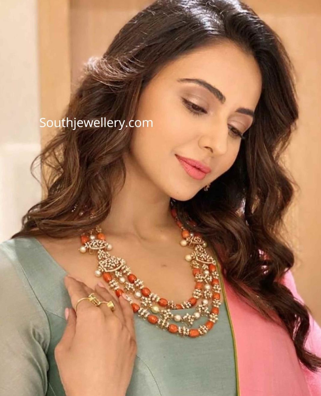 Rakul Preet Singh In Diamond Coral Beads Layered Necklace