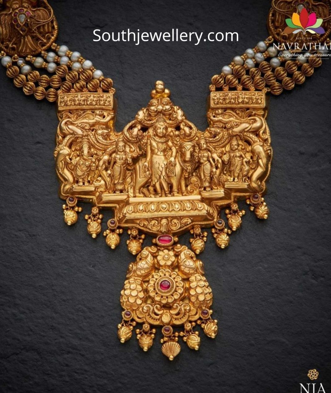 Gold Balls And Pearls Haram With Temple Nakshi Pendant