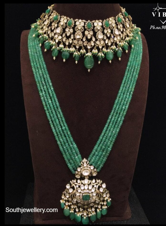 Polki Choker And Emerald Beads Long Necklace Indian Jewellery Designs