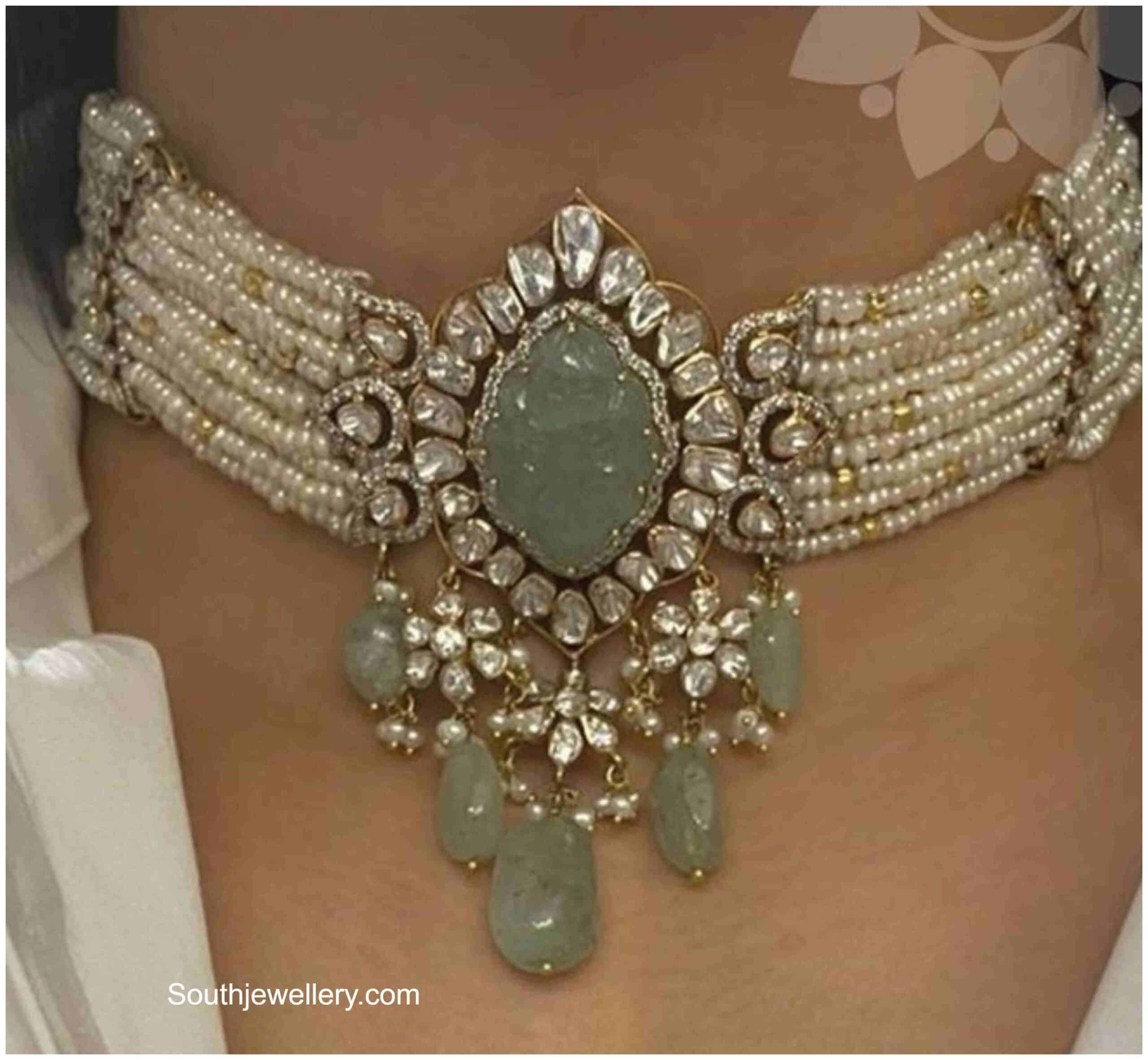 Pearl Choker With Polki Emerald Pendant Indian Jewellery Designs