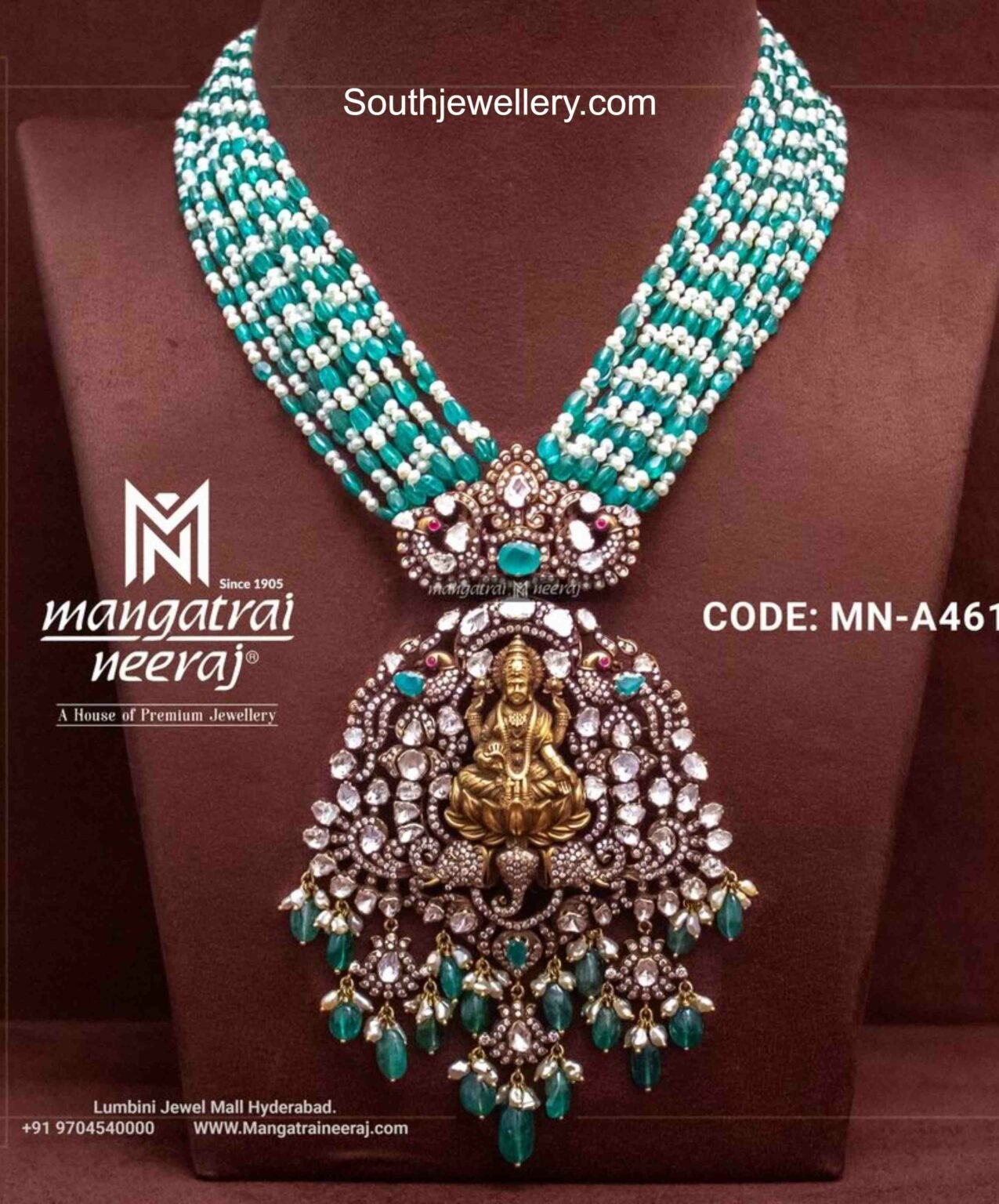 Emerald Beads And Pearl Mala With Lakshmi Polki Pendant