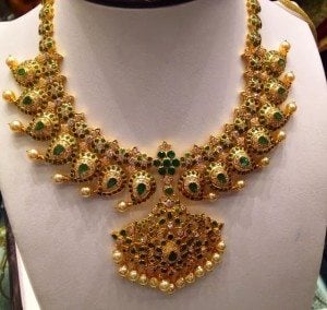 Gold Mango Mala with Emeralds - Indian Jewellery Designs