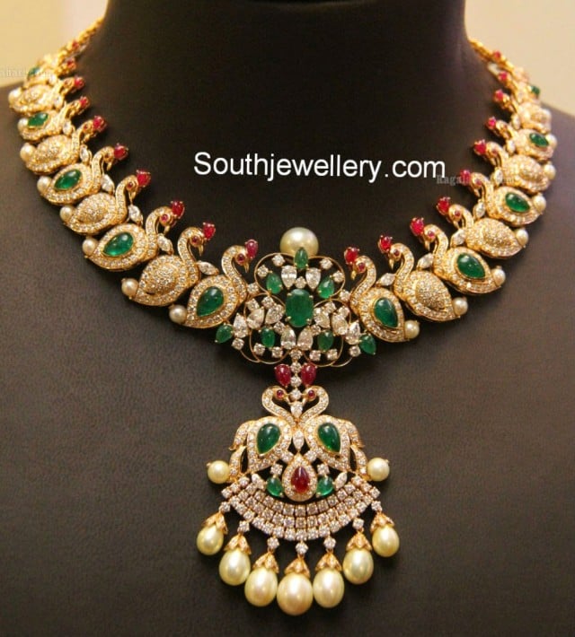 Magnificent Diamond Peacock Mango Necklace - Indian Jewellery Designs