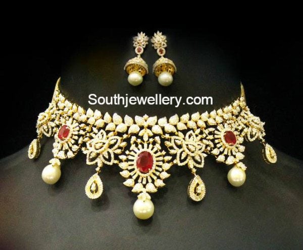 Diamond Choker and Jhumkas Set - Indian Jewellery Designs