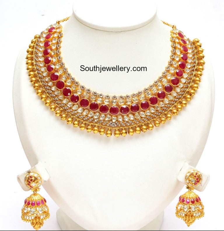 Flat Diamond and Ruby Necklace Set - Indian Jewellery Designs