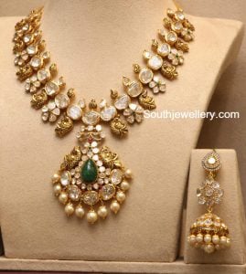 Polki Diamond Peacock Haram And Long Jhumkas - Indian Jewellery Designs