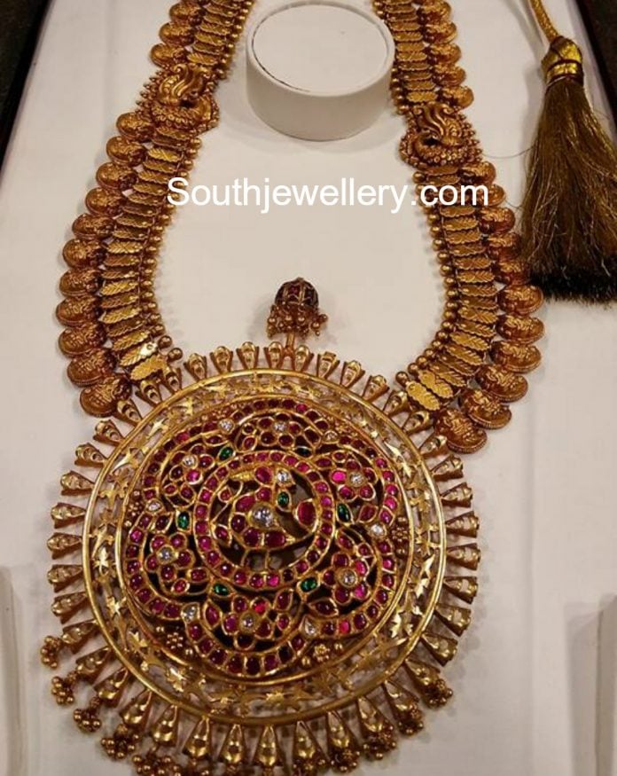 Lakshmi Kasu Haram with Peacock Kundan Pendant - Indian Jewellery Designs