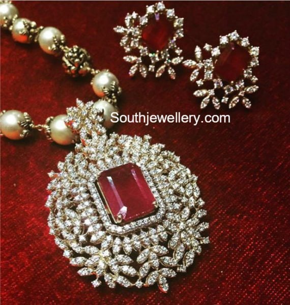 pearl necklace diamond ruby pendant