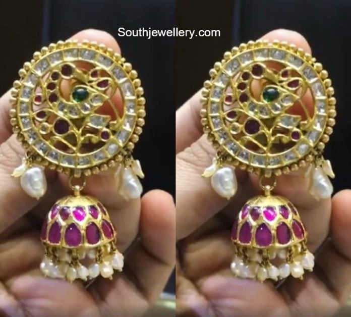 Peacock kundan jhumkas by P Satyanarayan and Sons Jewellers