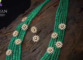 emerald beads mala with diamond motifs