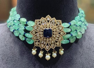 emerald beads choker with polki pendant