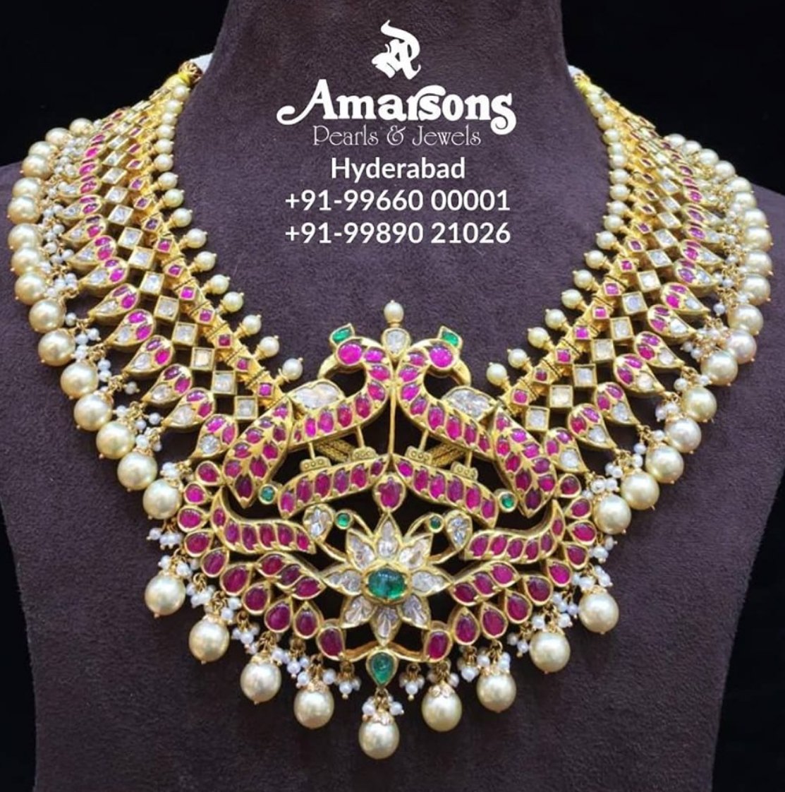 Polki pearl necklace with peacock pendant - Indian Jewellery Designs