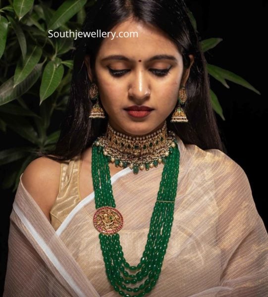 polki choker and emerald beads mala