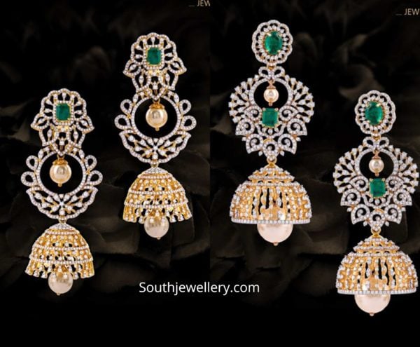 diamond emerald chandbali jhumkas