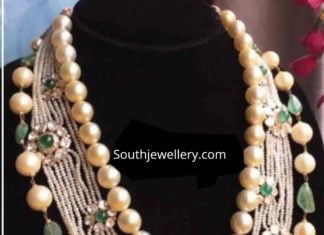 Multi strand pearl necklace with polki emerald motifs multi strand pearl necklace
