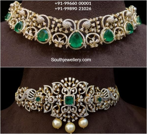 simple diamond emerald choker designs