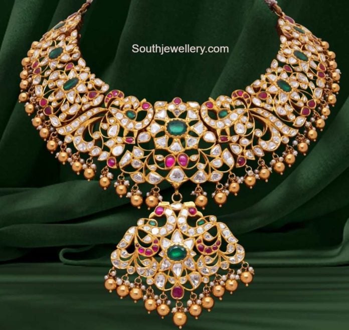 Antique gold peacock polki necklace - Indian Jewellery Designs