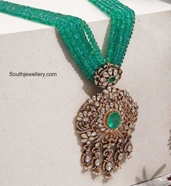 emerald beads haram with polki diamond pendant