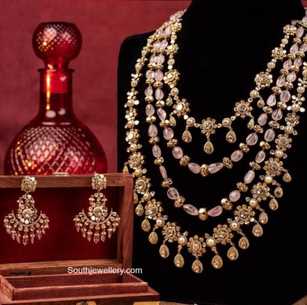 Layered polki and pink beads haram set - Indian Jewellery Designs