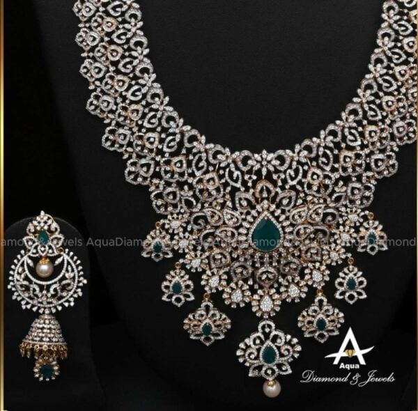 diamond and emerald necklace and jhumkas