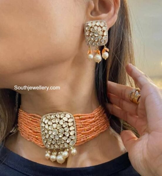 multi strand coral beads choker and earrings