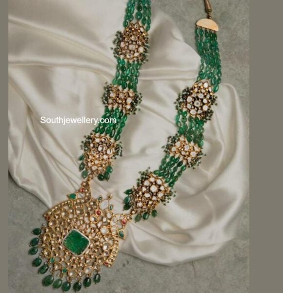 multi strand emerald beads haram with polki pendant