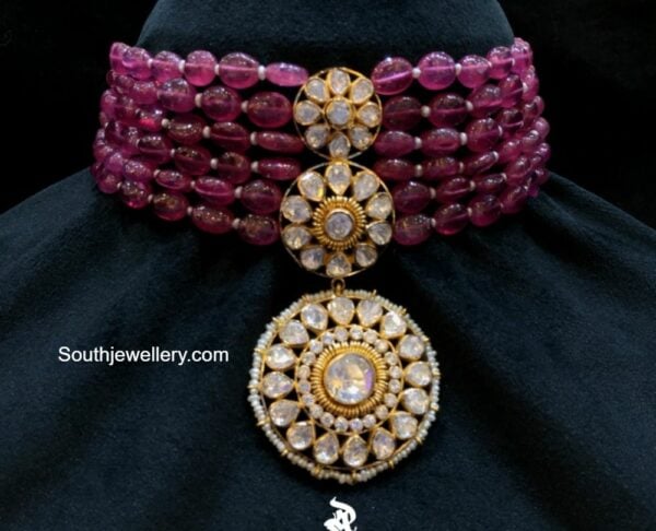 ruby beads choker with polki pendant