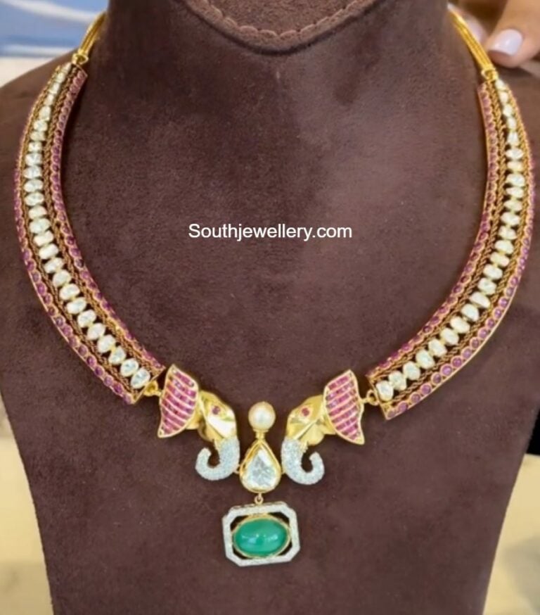 Polki kante necklace with elephant pendant - Indian Jewellery Designs