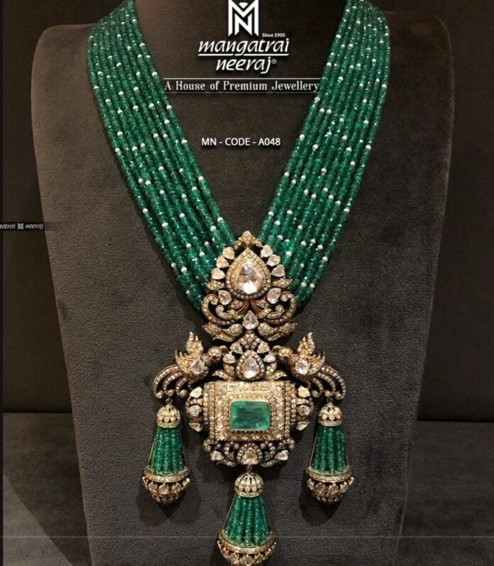 Multi Strand Emerald Beads Haram With Polki Pendant