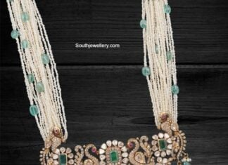 Multi-strand pearl haram with polki peacock pendant pearl necklace with polki peacock pendant pavan nor