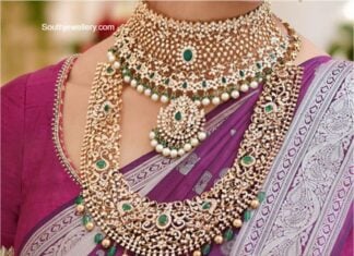 Bridal diamond emerald choker and haram diamond jewellery pmj (1)