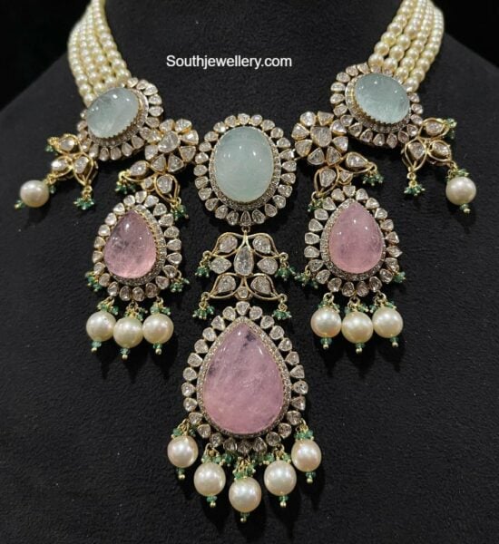 pearl necklace with polki pendant