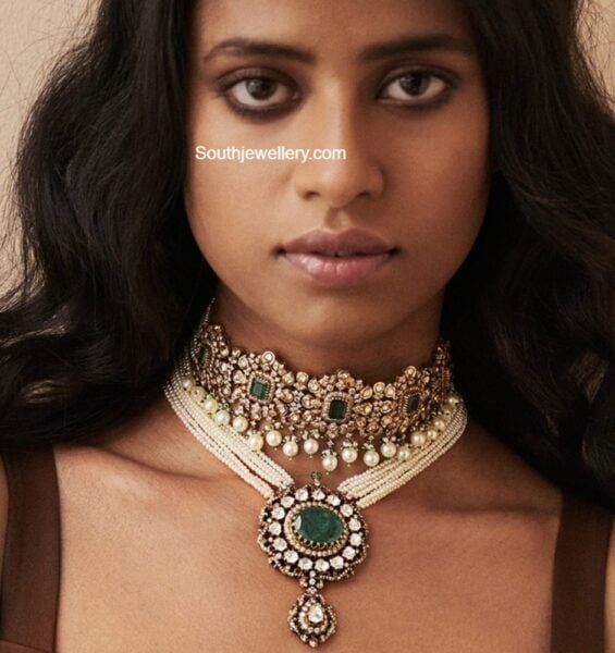 polki choker and pearl necklace with polki pendant