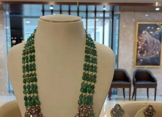 emerald beads haram with ictorian polki pendant