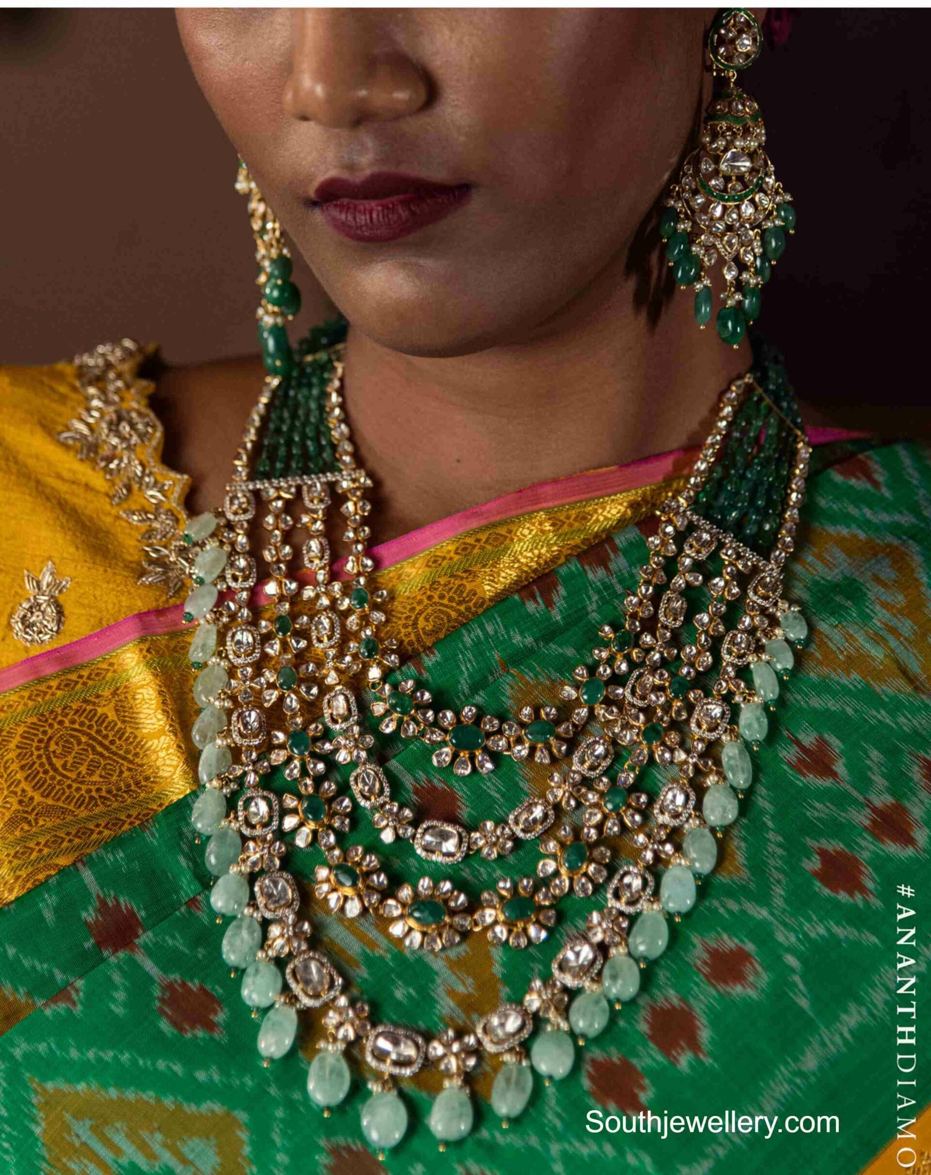 Layered polki emerald haram set - Indian Jewellery Designs