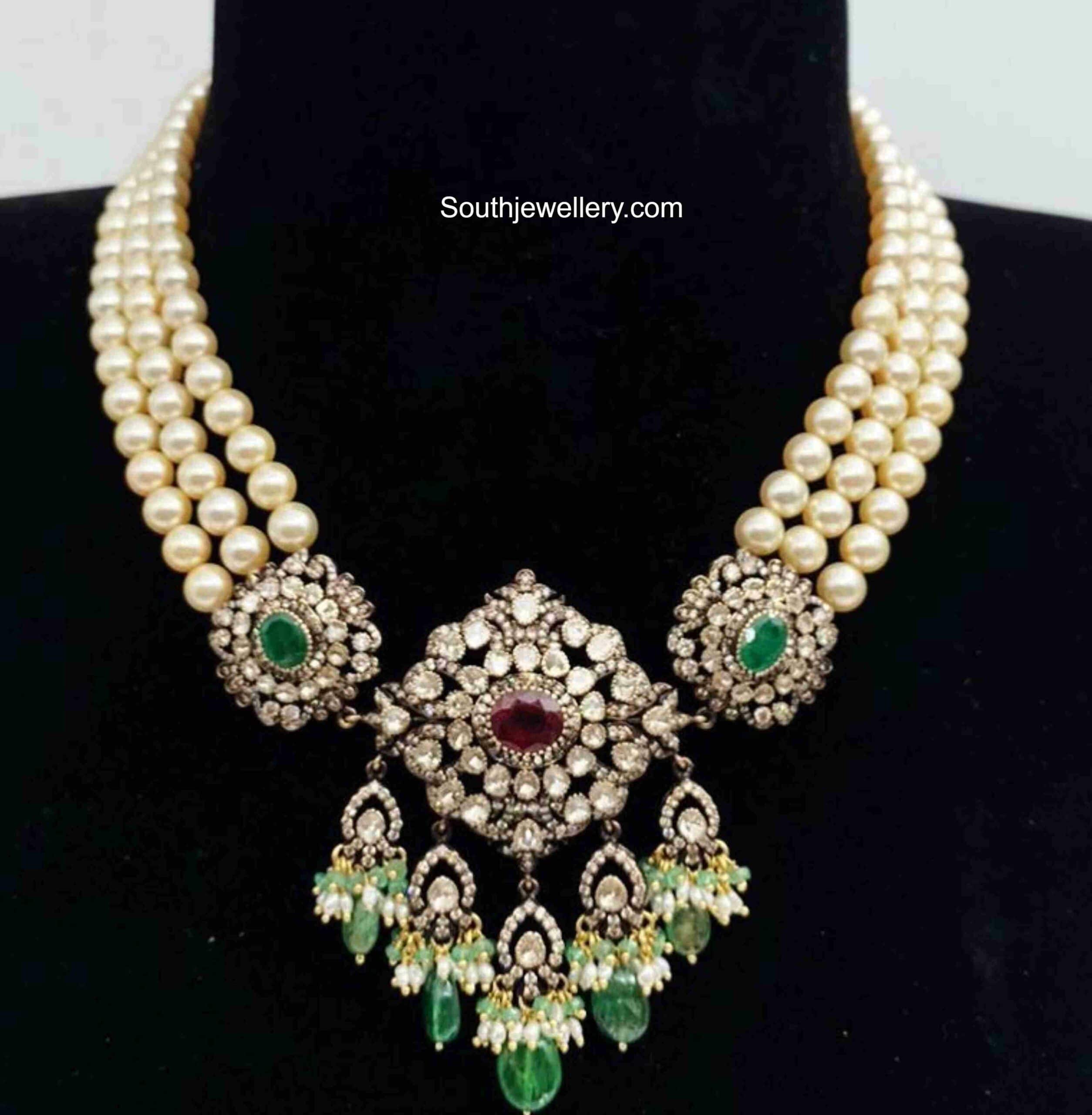 Pearl necklace with Victorian polki pendant - Indian Jewellery Designs