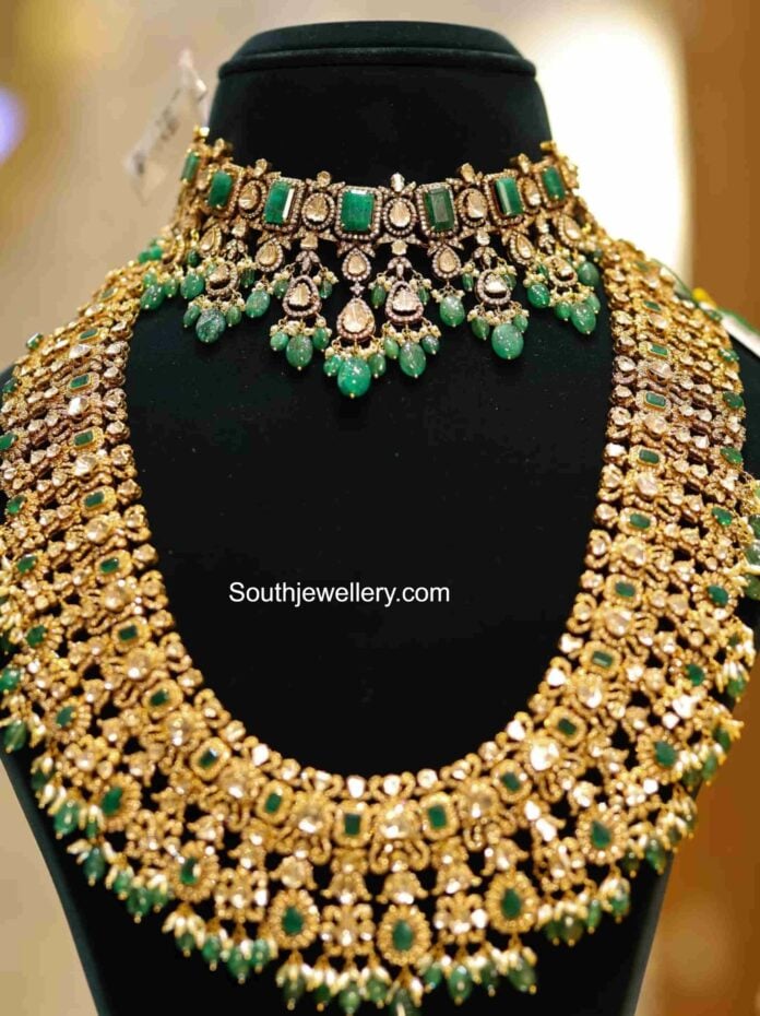 Polki emerald choker and long haram - Indian Jewellery Designs