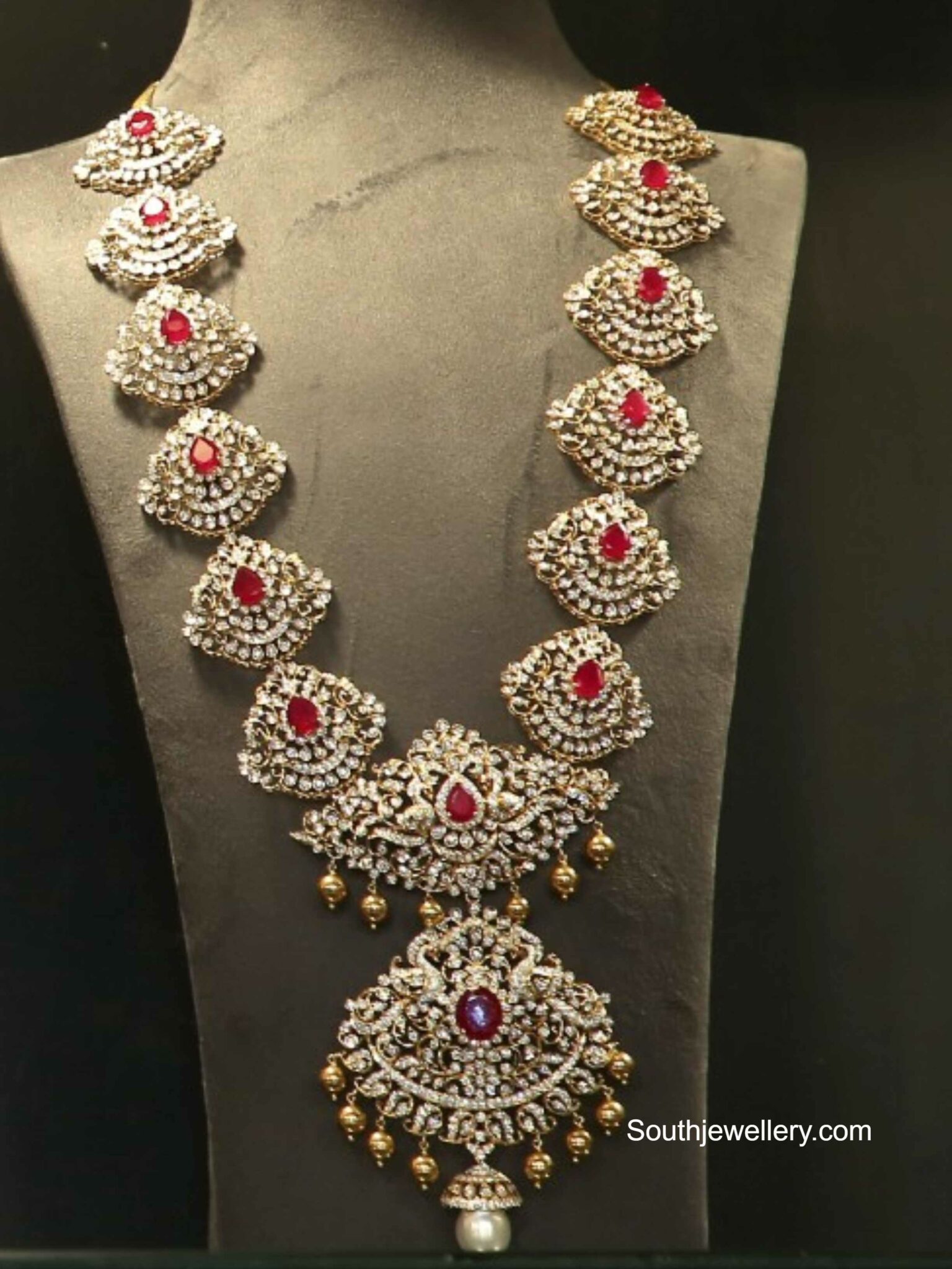 Diamond And Ruby Long Haram With Peacock Pendant - Indian Jewellery Designs