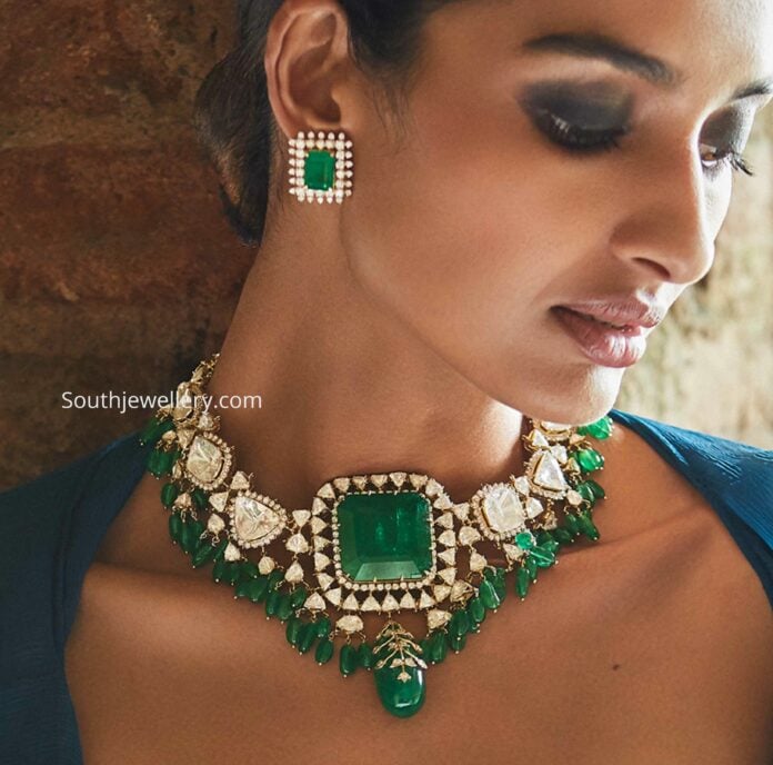 Polki emerald necklace set - Indian Jewellery Designs